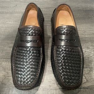 Magnanni Black Woven Leather Slip-Ons